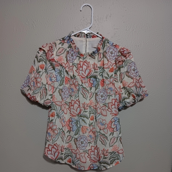 LOFT Cream Blouse with Peter Pan Collar and Ruffled Short Sleeves - Picture 5 of 5